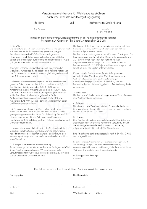 Muster Vergütungsvereinbarung RAin Niedrig